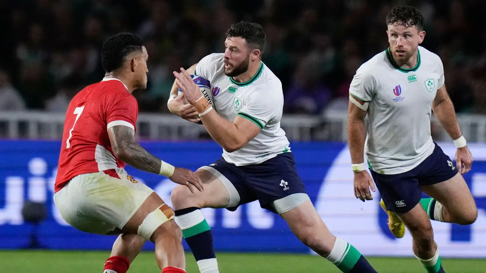Ireland centre Robbie Henshaw attempts to run past Tonga's Sione Havili Talitui during the Rugby World Cup Pool B match between Ireland and Tonga at the State de la Beaujoire in Nantes