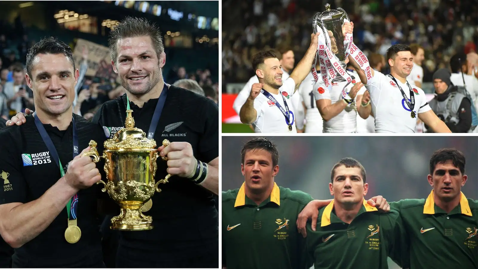 Split image of All Blacks legend Dan Carter and Richie McCaw with England's Danny Care and Ben Youngs and Springboks' Bobby Stinstad, Joost Van Der Westhuizen and Henry Honiball.