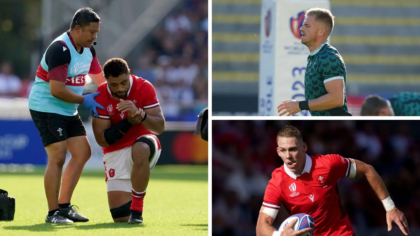 Split image of Wales players Taulupe Faletau, Gareth Anscombe and Liam Williams at the Rugby World Cup
