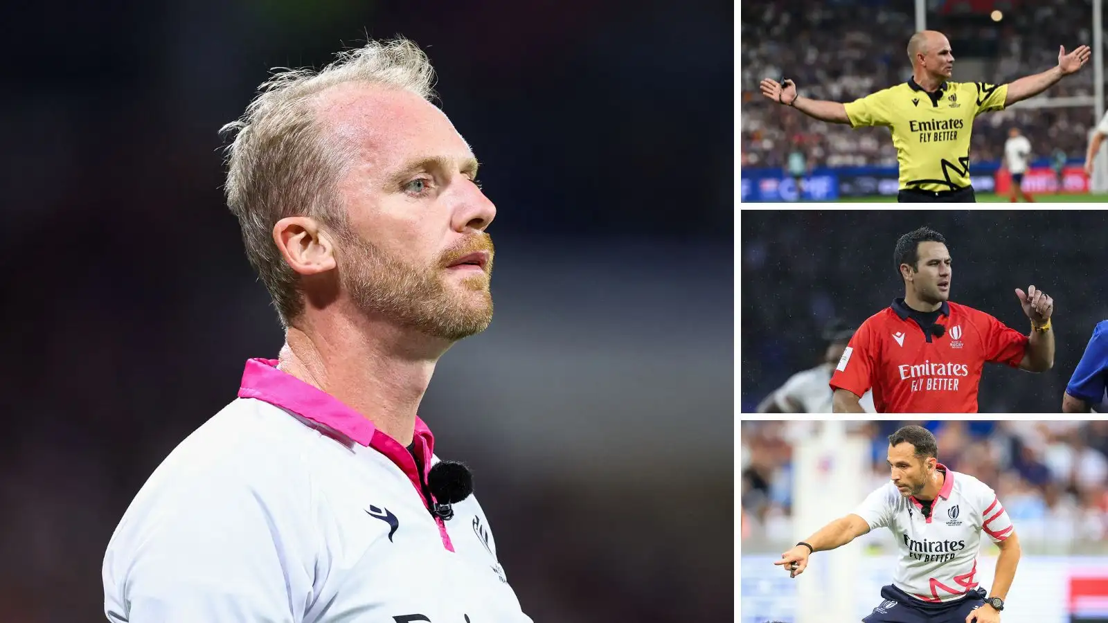 Les arbitres de la Coupe du monde de rugby Wayne Barnes, Jaco Peyper, Ben O'Keeffe et Mathieu Raynal.