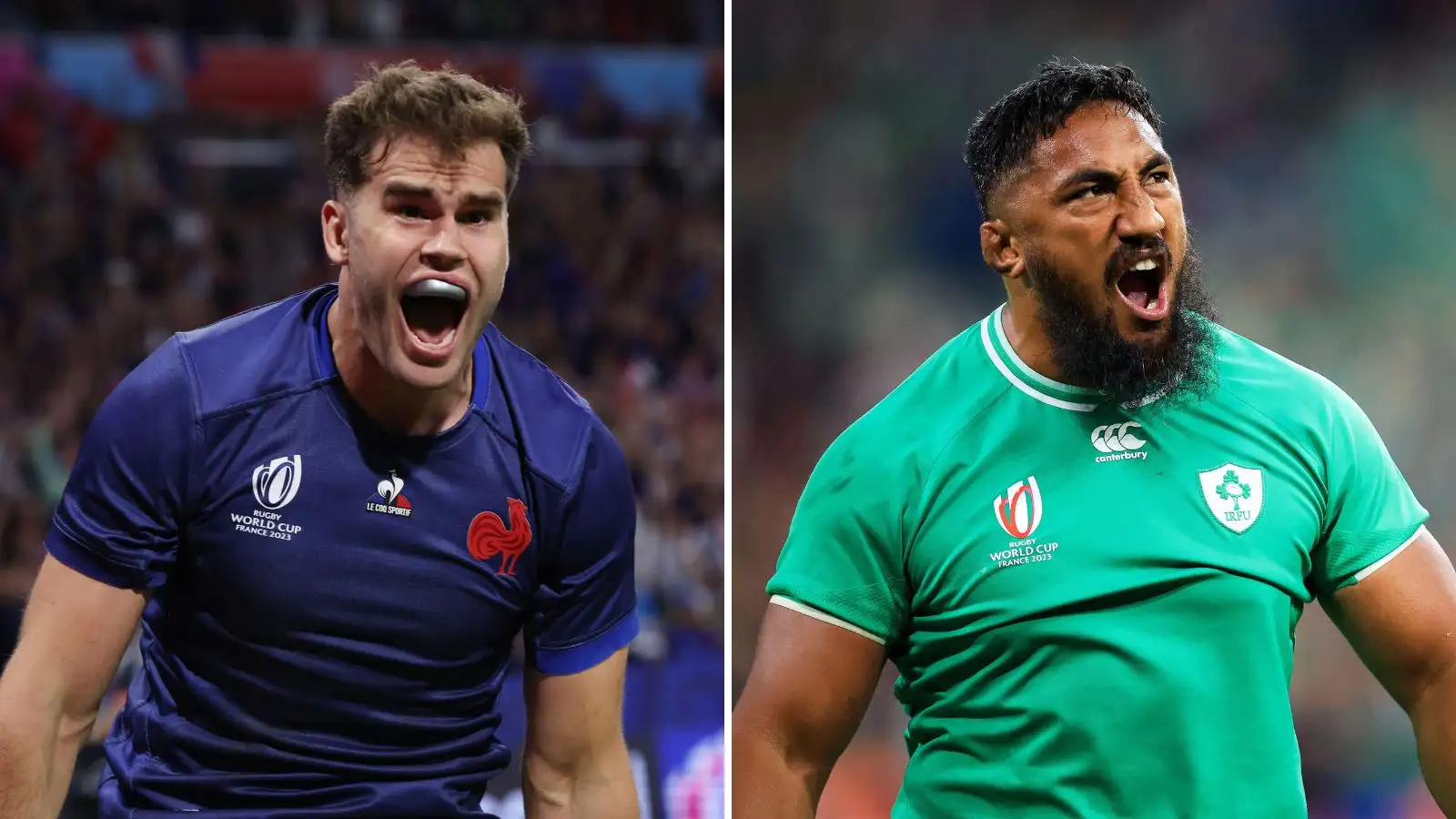 Split image of France winger Damian Penaud and Ireland centre Bundee Aki celebrating during the Rugby World Cup.