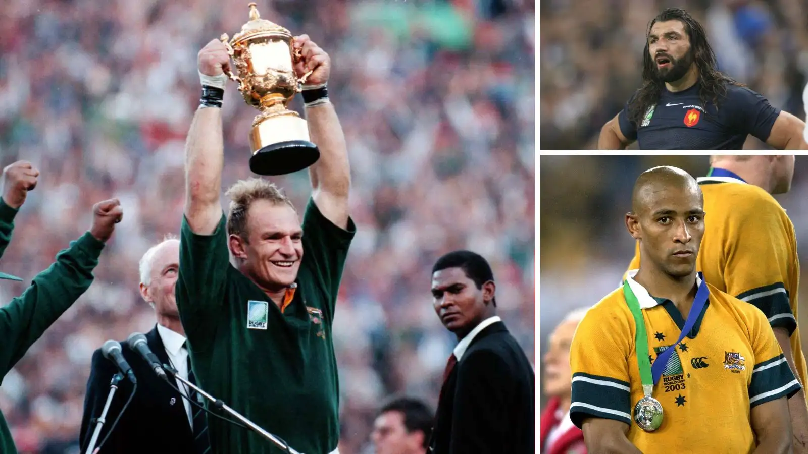 Split image of former Springboks captain Francois Pienaar hoisting the Rugby World Cup trophy as along with images of France's Sebastien Chabal and Australia's George Gregan.
