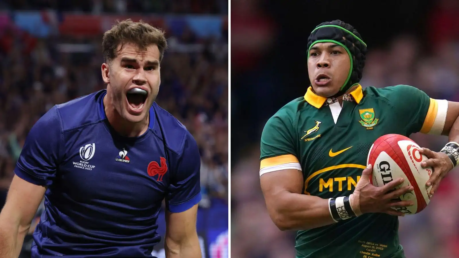 A split image of France winger Damian Penaud and Springboks Cheslin Kolbe - Rugby World Cup
