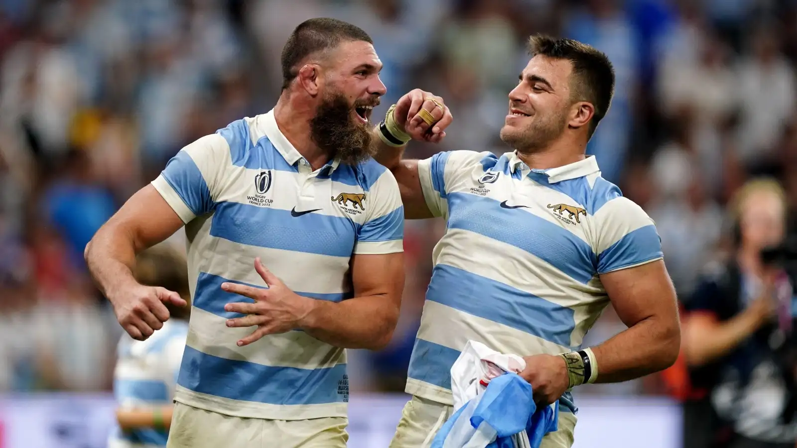 Argentina stars celebrate their quarter-final win in the Rugby World Cup against Wales.