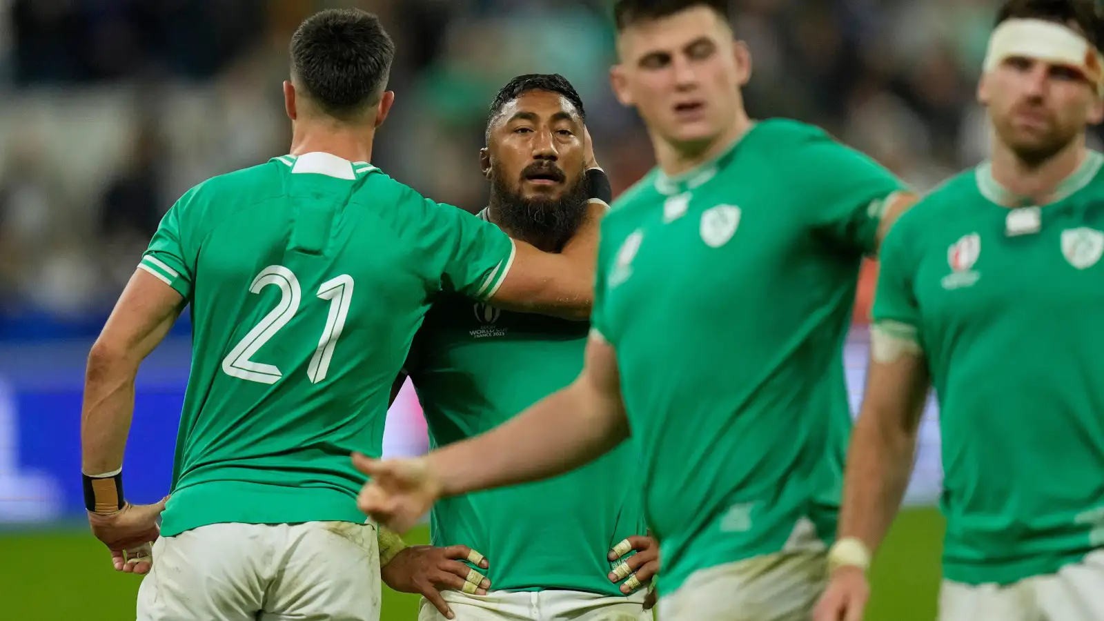 Bundee Aki and Ireland team-mates dejected after losing Rugby World Cup quarter-final to New Zealand.
