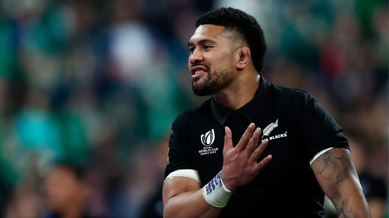 All Blacks Ardie Savea celebrates after the Rugby World Cup quarterfinal match between Ireland and New Zealand at the Stade de France in Saint-Denis