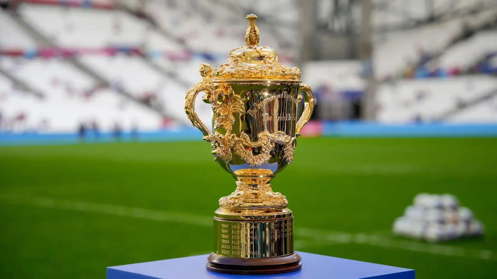The world cup trophy at the France Vs New Zealand match. In a