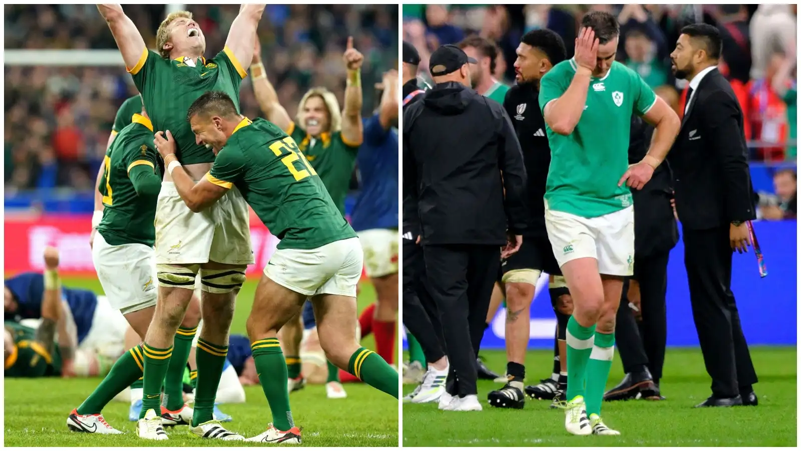 Springboks flanker Pieter-Steph du Toit celebrates while Ireland captain Johnny Sexton is dejected.