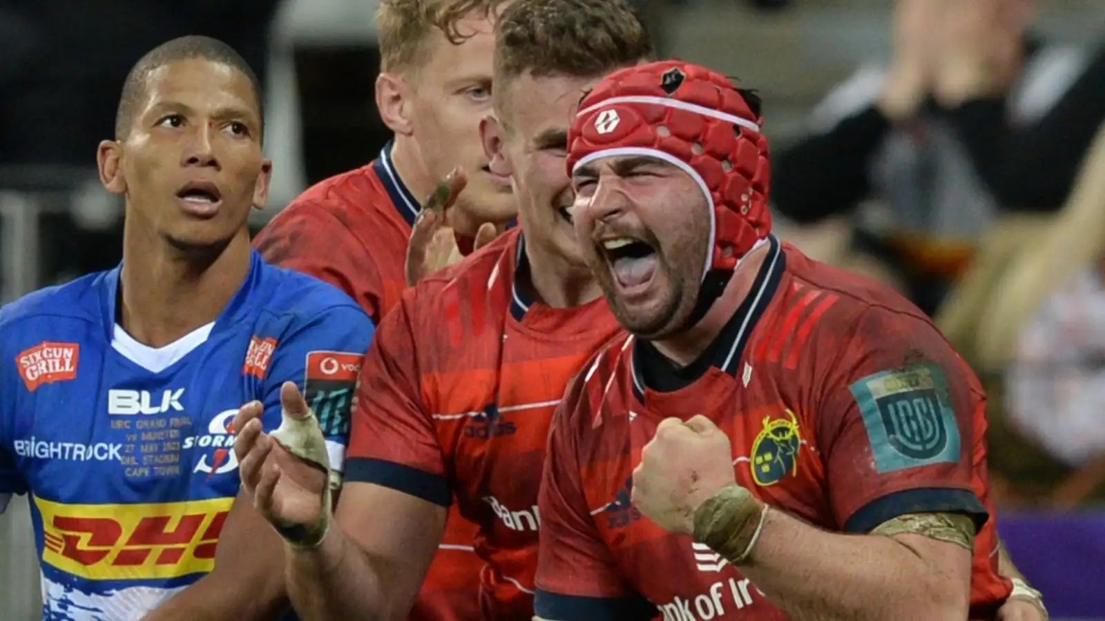 John Hodnett of Munster celebrates his try during the United Rugby Championship 2022/23 Grand Final between the Stormers and Munster at Cape Town Stadium