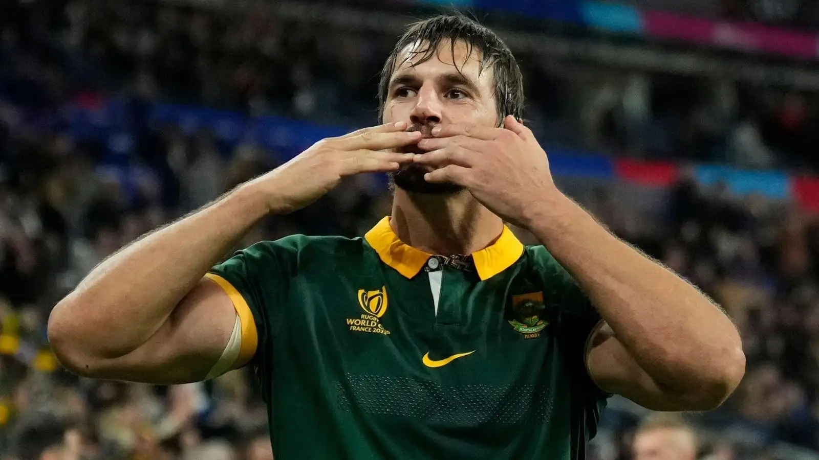 Springboks lock Eben Etzebeth blows a kiss to the crowd after the end of the Rugby World Cup quarterfinal match between France and South Africa at the Stade de France