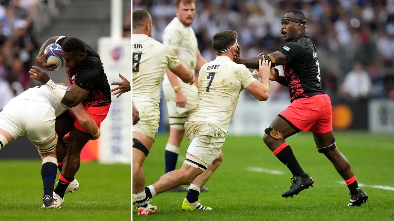 Josua Tuisova is tackled during the Rugby World Cup and Levani Botia reacts to Tom Curry's tackle.