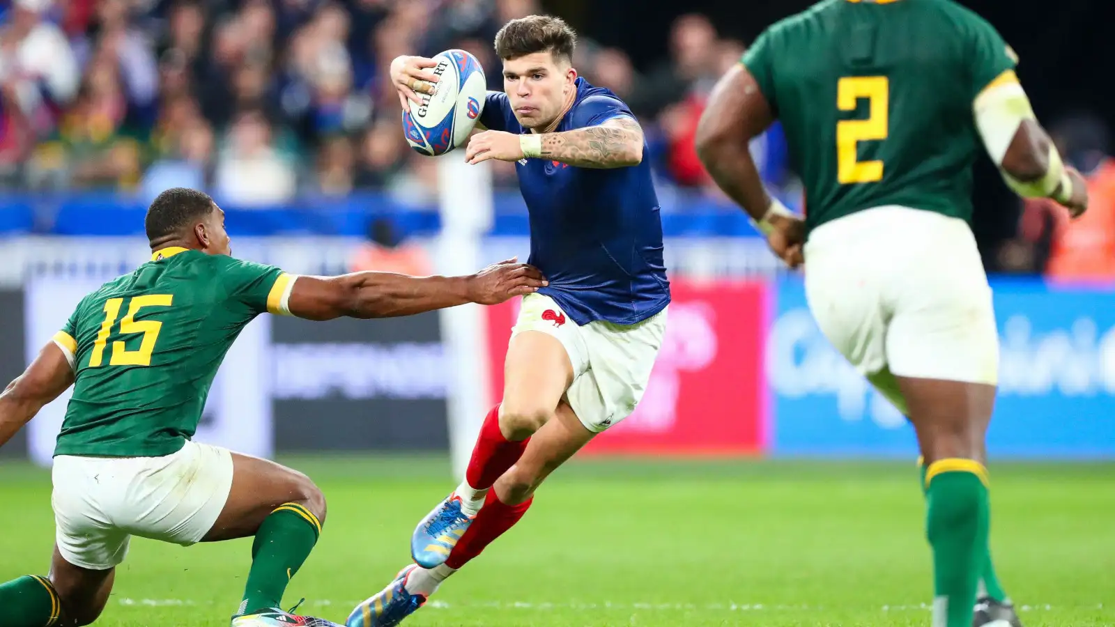 Matthieu Jalibert in action for France v Springboks in the Rugby World Cup.