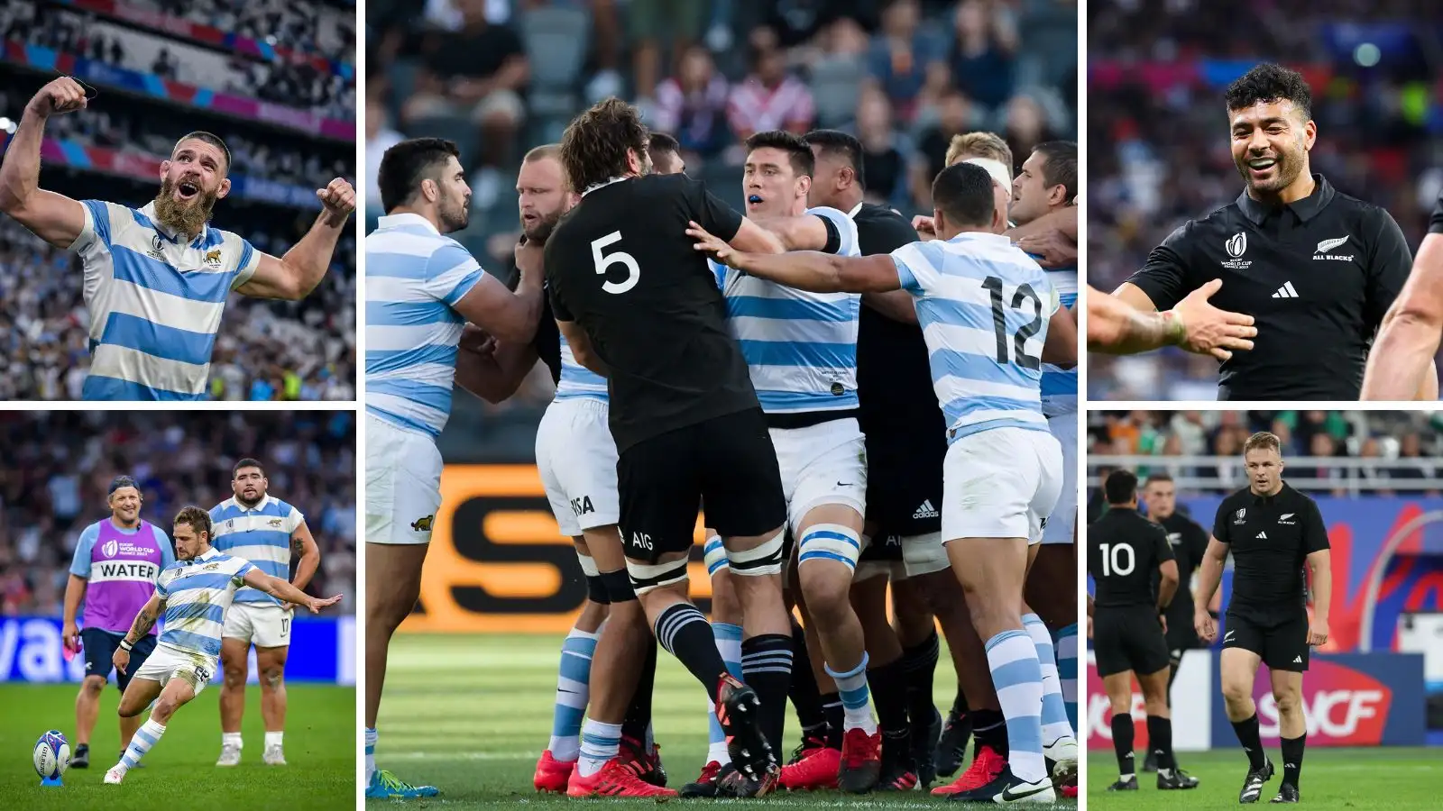Split image featuring Argentina players Marcos Kremer and Nicolas Sanchez and All Blacks players Richie Mo'unga and Sam Cane during the Rugby World Cup.