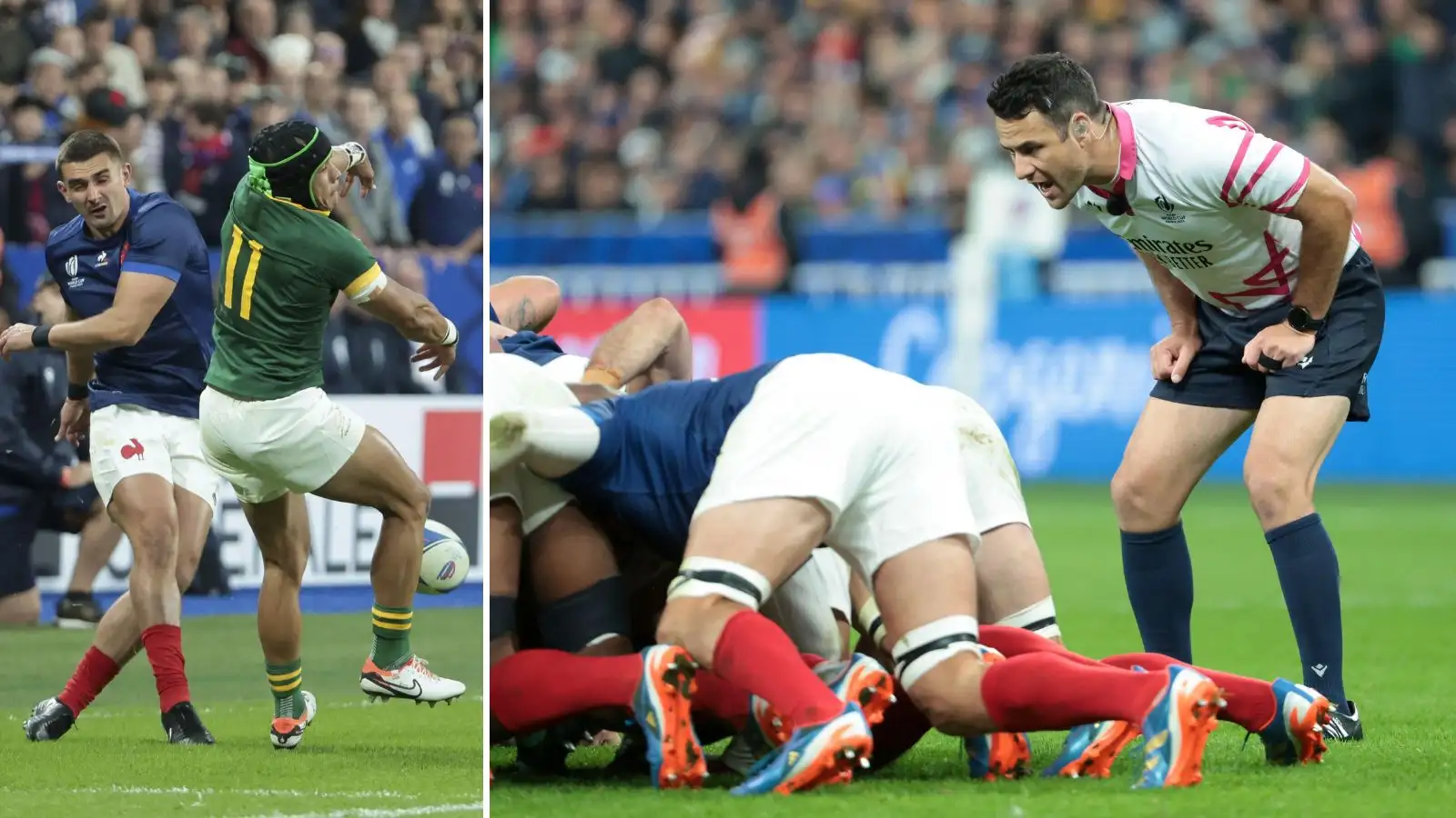Cheslin Kolbe charge down on Thomas Ramos and referee Ben O'Keeffe during the Rugby World Cup match between France and South Africa
