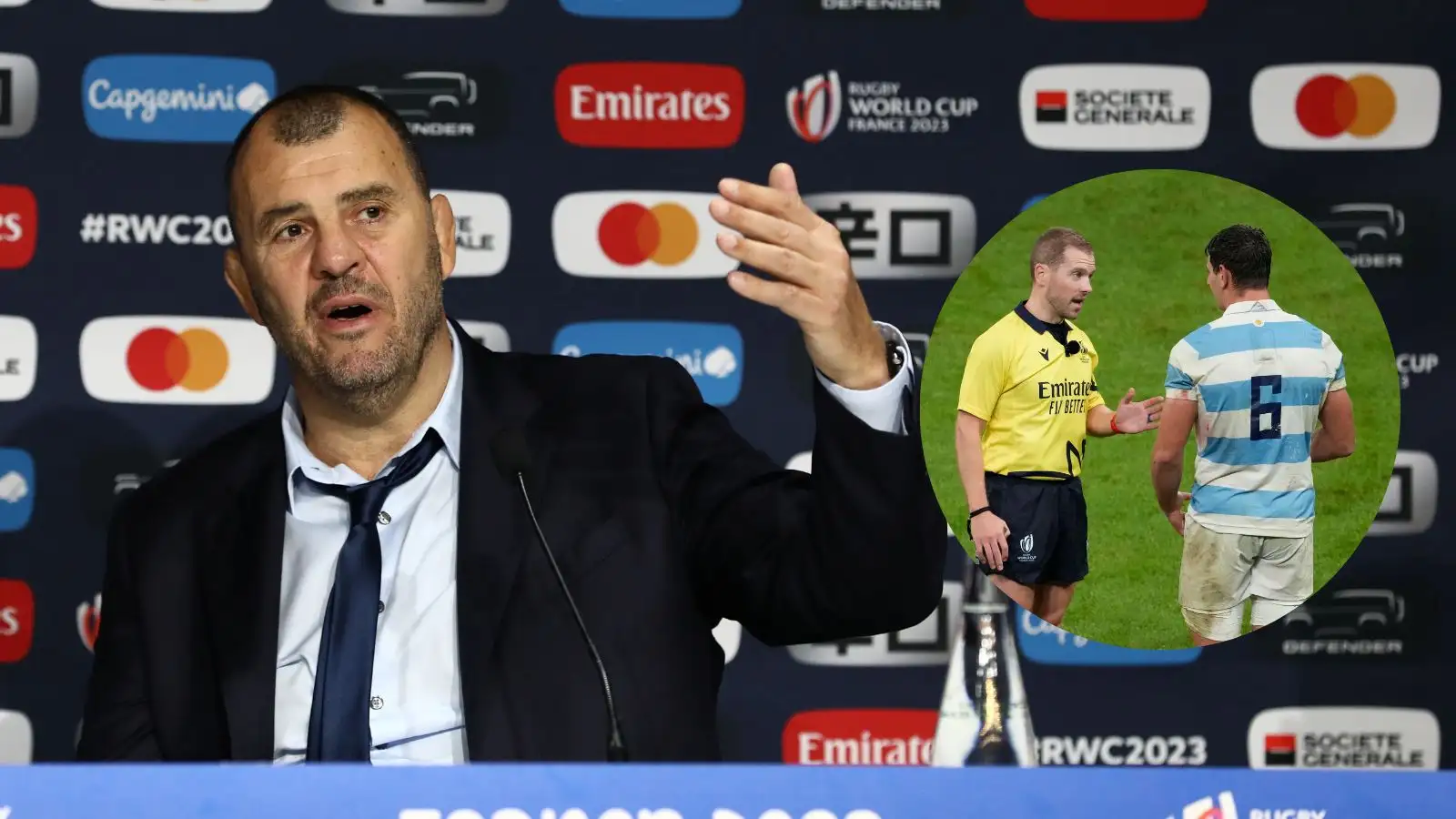 Head coach Michael Cheika during the press conference following the semifinal between Argentina and New Zealand and referee Angus Gardner speaking to Juan Martin Gonzalez