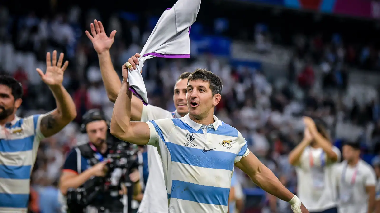 Tomas Cubelli celebrating Argentina's Rugby World Cup victory over Wales.