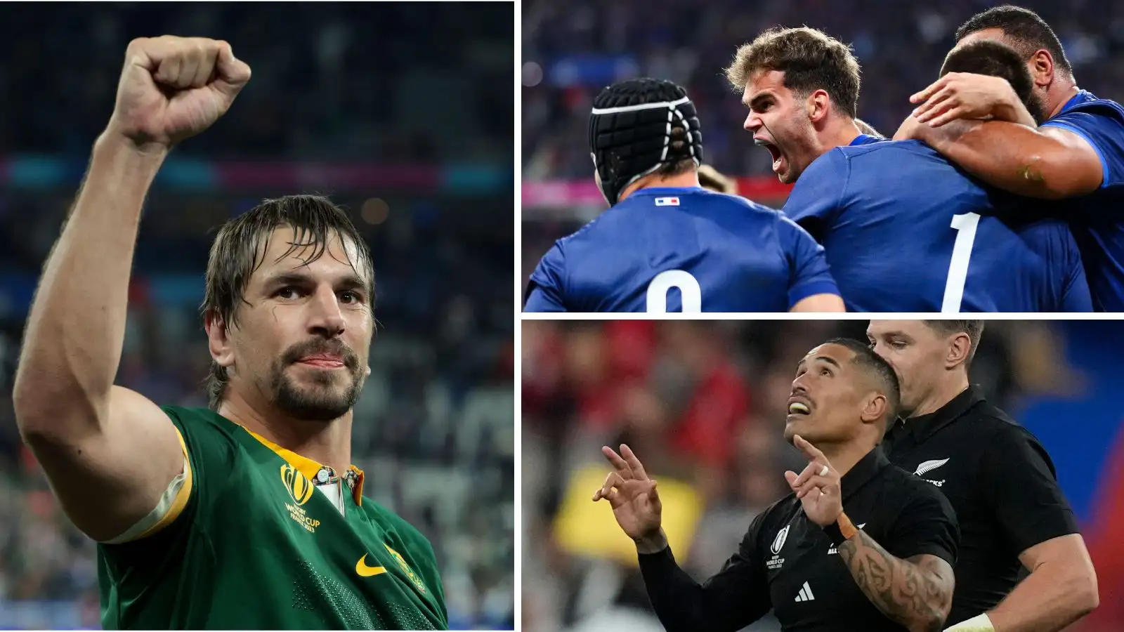 Rugby World Cup players Eben Etzebeth (South Africa), Damian Penaud (France) and Aaron Smith (New Zealand)