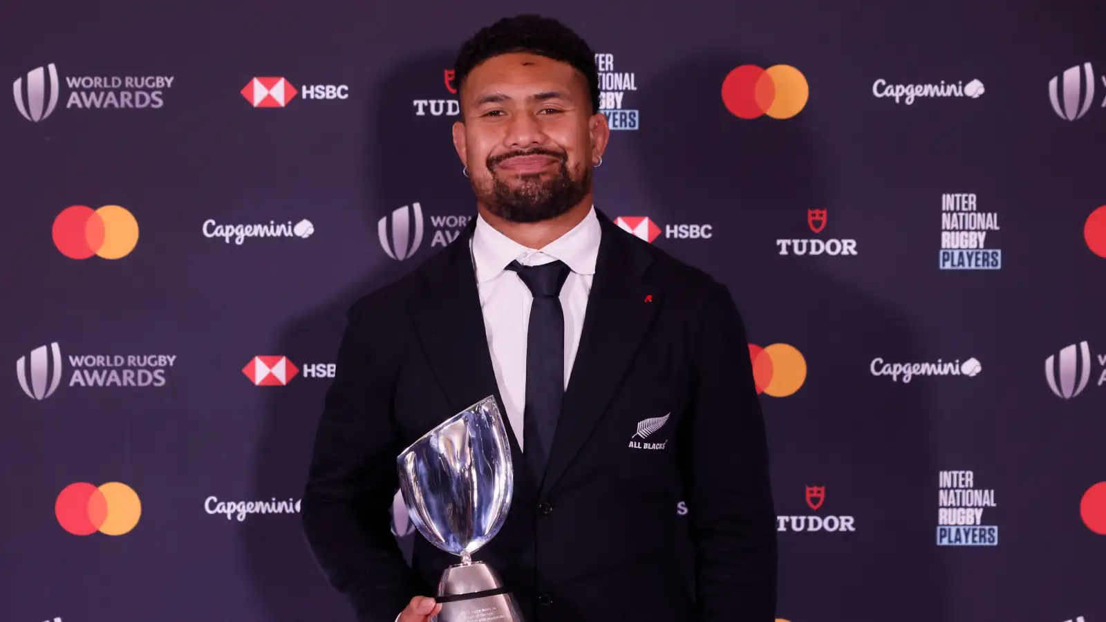 All Black Ardie Savea poses with his World Rugby Men's 15s Player of the Year award.