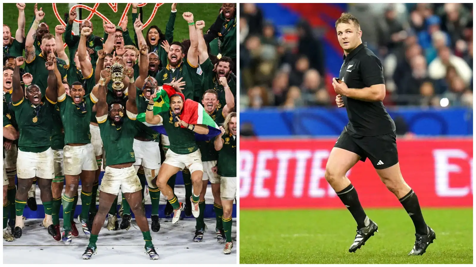 Split with the Springboks lifting the Rugby World Cup and All Blacks captain Sam Cane.