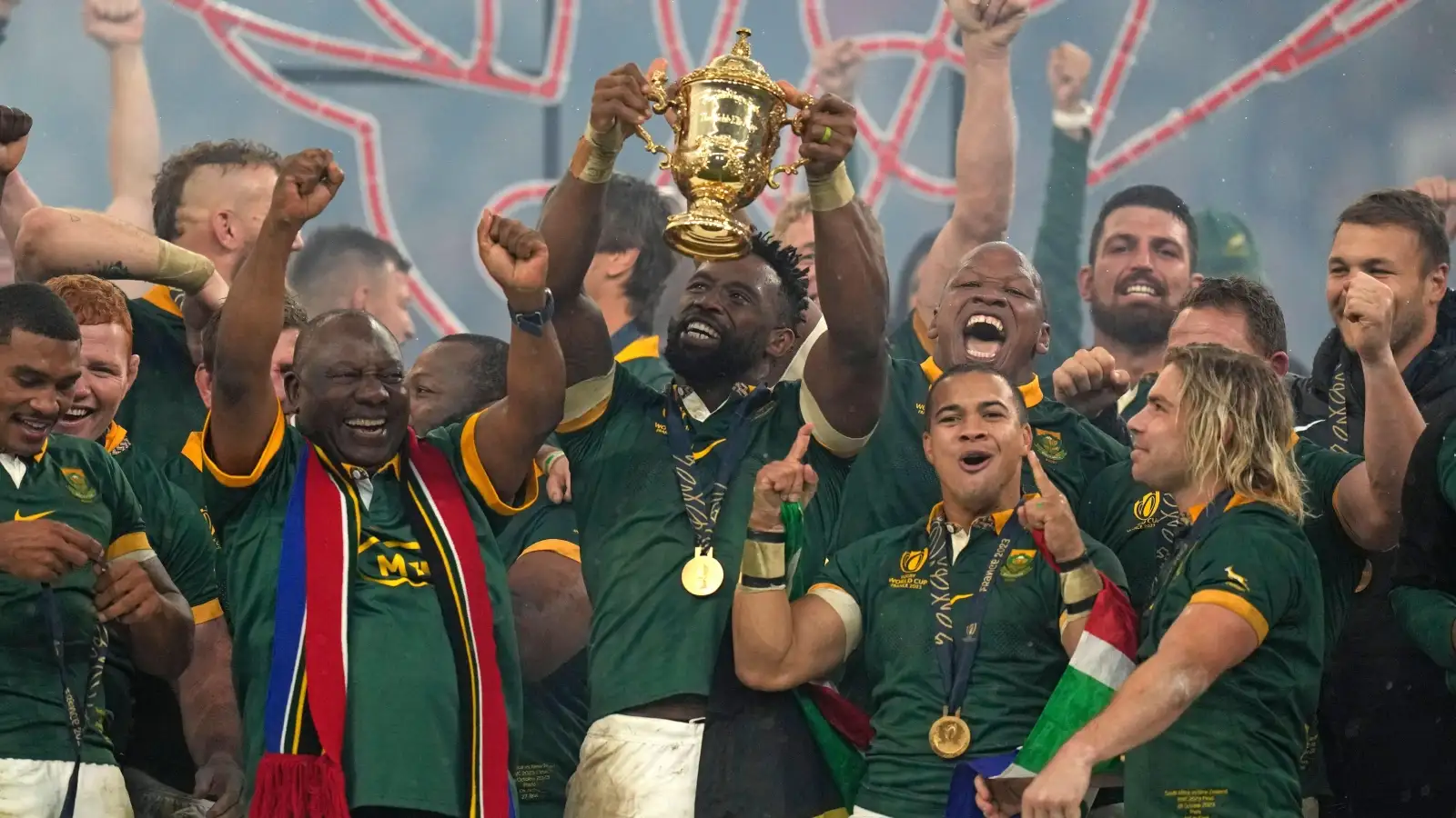 President of South Africa Cyril Ramaphosa celebrates with the Springboks.