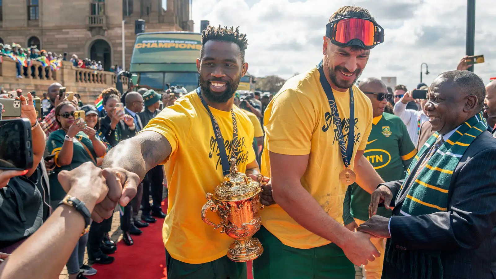 Siya Kolisi and Eben Etzebeth at parade following Springboks' Rugby World Cup win.