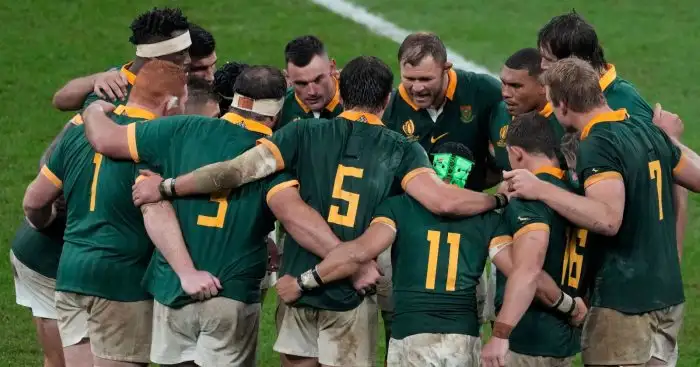 Springboks players in a huddle during the 2023 Rugby World Cup final.