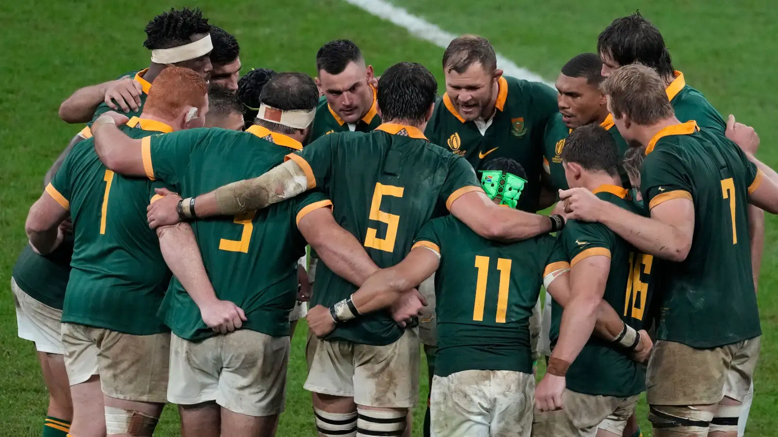 Springboks players in a huddle during the 2023 Rugby World Cup final.
