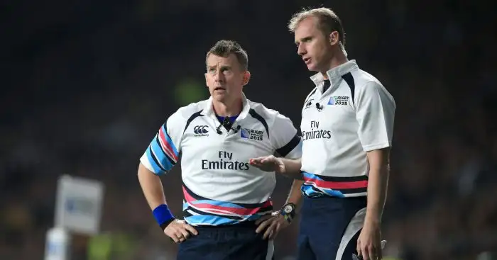 Nigel Owens and Wayne Barnes officiating at the 2015 Rugby World Cup.