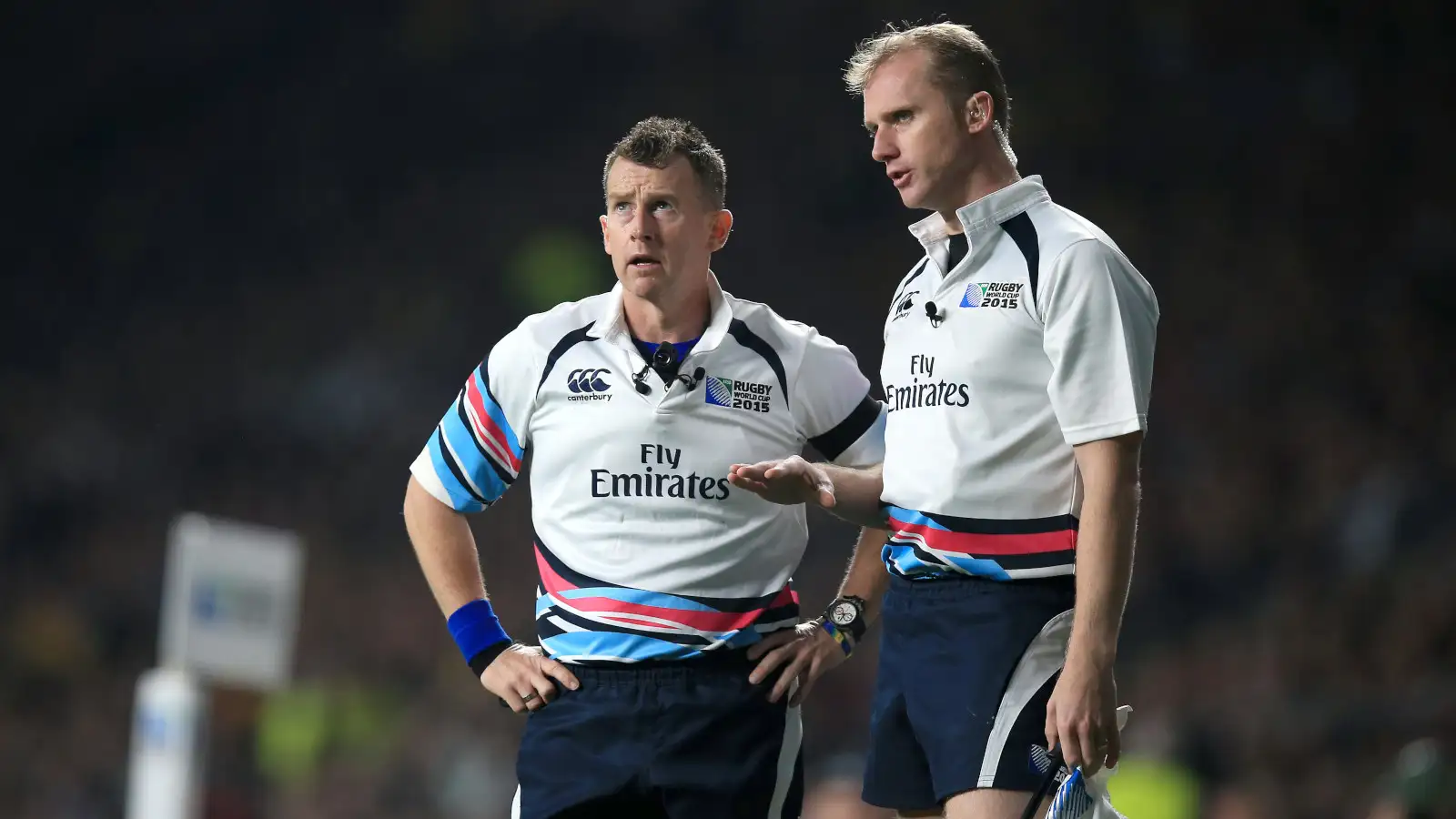 Nigel Owens and Wayne Barnes officiating at the 2015 Rugby World Cup.