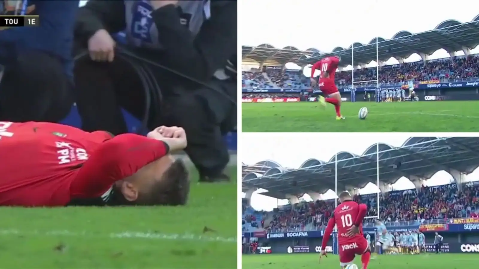 Wales fly-half Dan Biggar injures himself while attempting a conversion for Toulon.