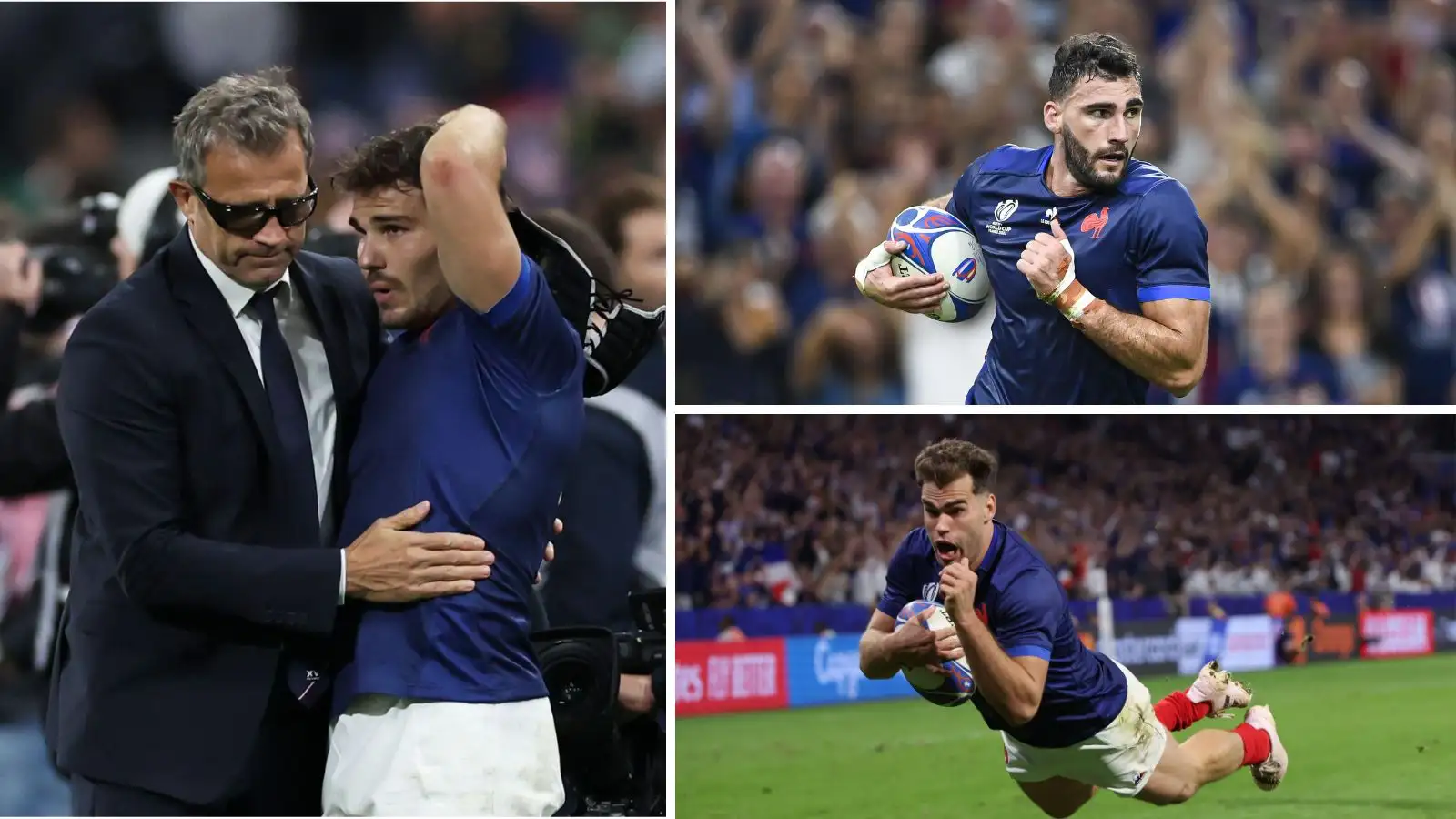 France head coach Fabien Galthie, captain Antoine Dupont, flanker Charles Ollivon and winger Damian Penaud.