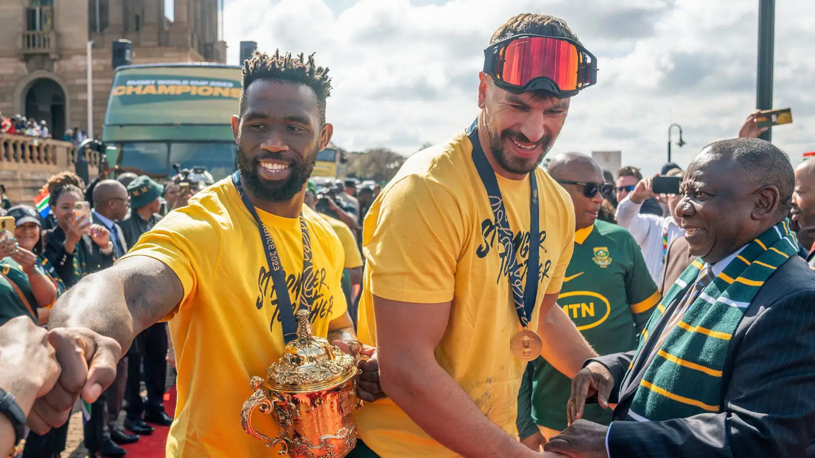 Siya Kolisi and Eben Etzebeth at South Africa's parade following Rugby World Cup win.