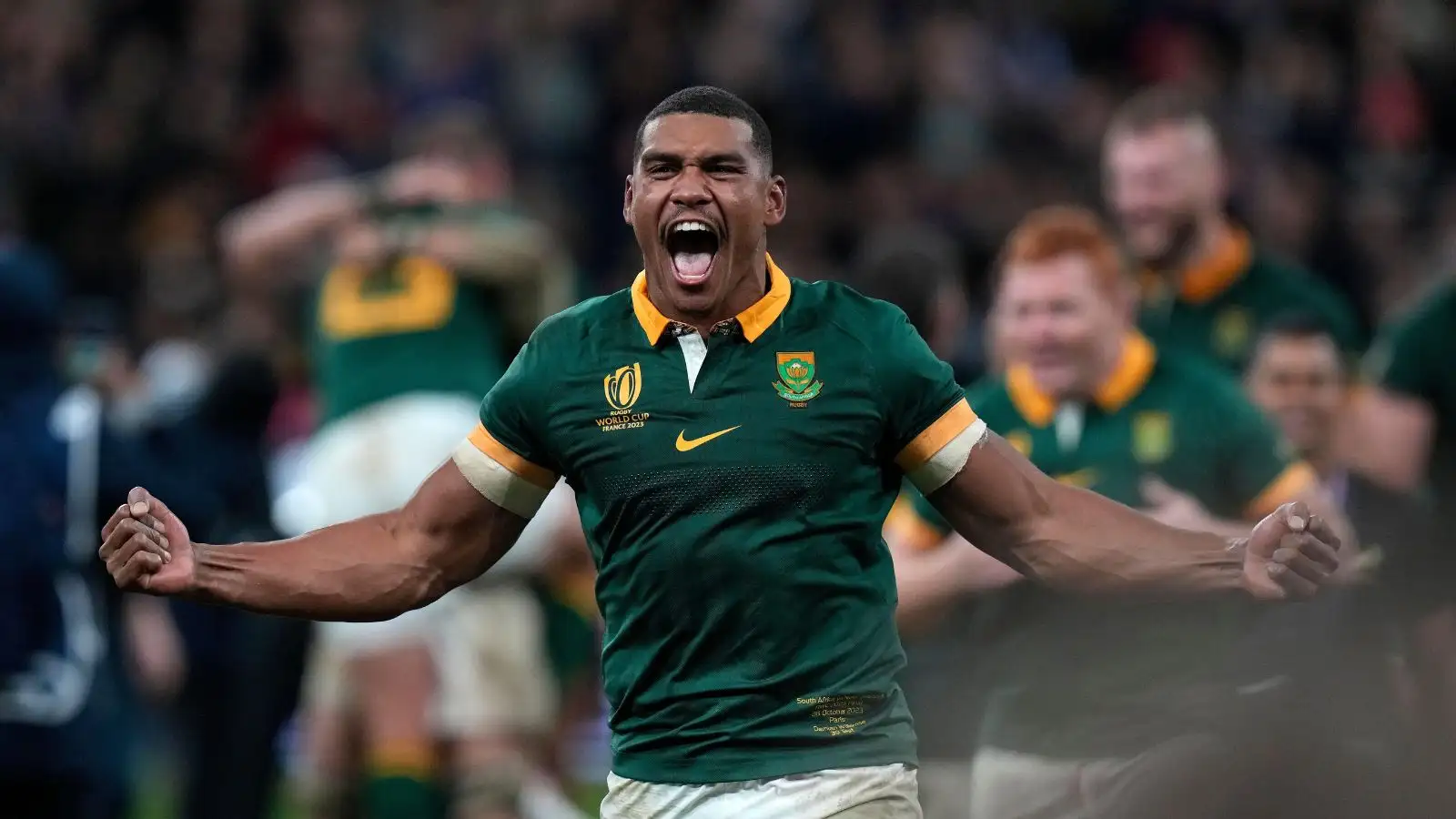 South Africa's Damian Willemse celebrates after the Rugby World Cup final match between New Zealand.