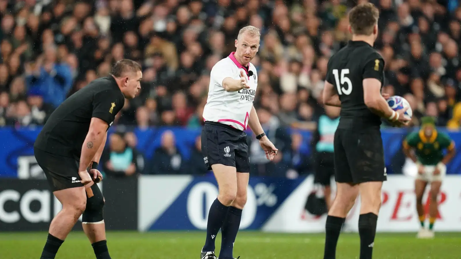 Wayne Barnes refereeing the Rugby World Cup final between All Blacks and Springboks.