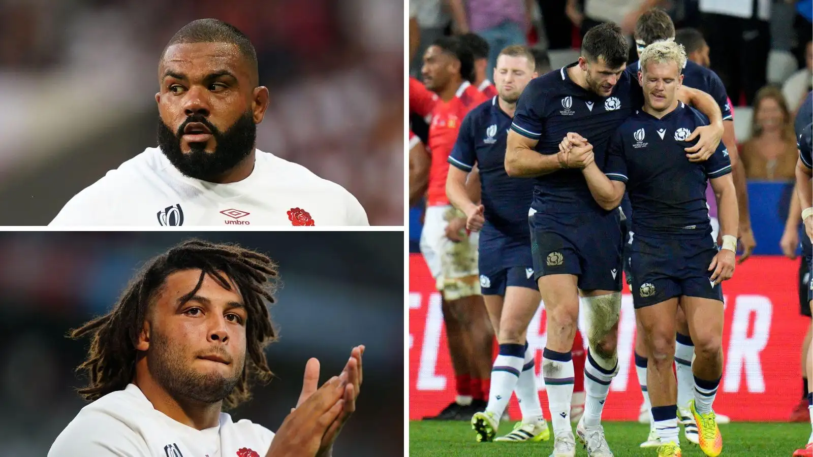 Les joueurs anglais Kyle Sinckler et Lewis Ludlam ainsi que Blair Kinghorn et Darcy Graham en Écosse lors de la coupe du monde de rugby.