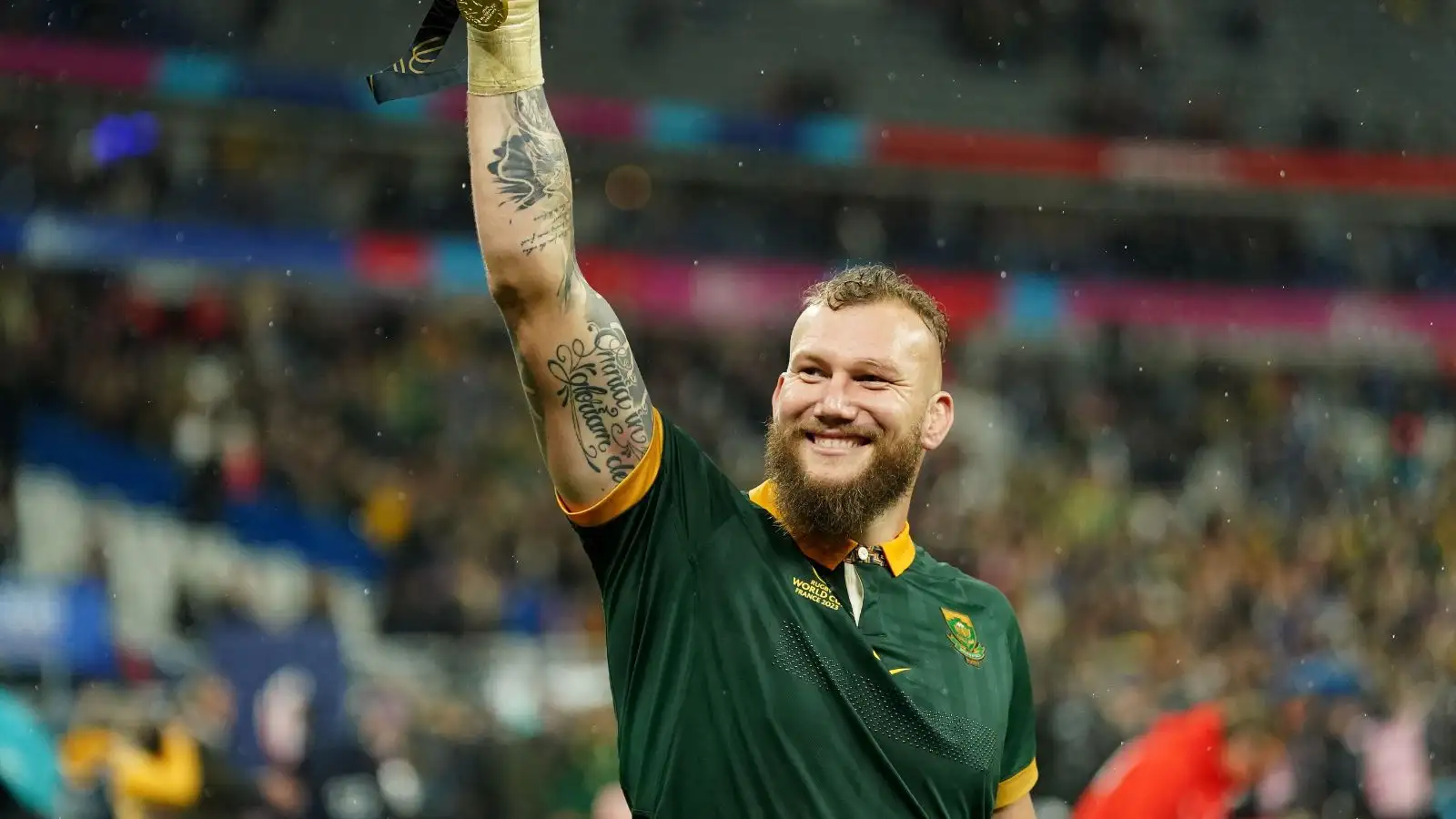 South Africa's RG Snyman celebrates after winning the Rugby World Cup 2023 final match at the Stade de France in Paris, France