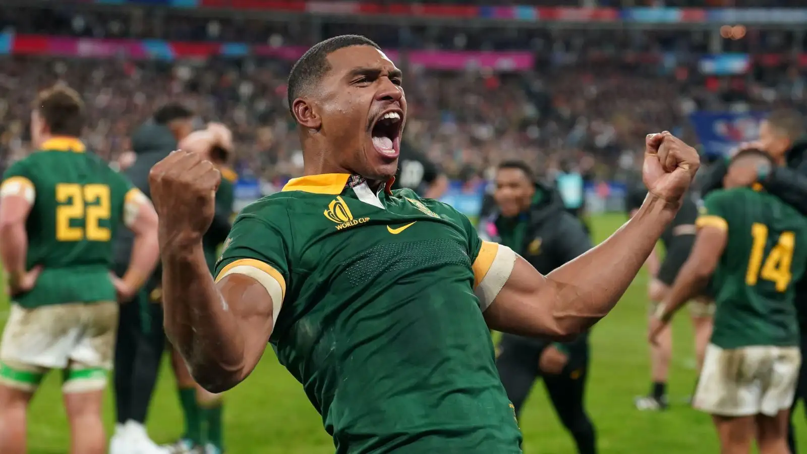 South Africa's Damian Willemse celebrates victory after the final whistle following the Rugby World Cup 2023 final match at the Stade de France in Paris.