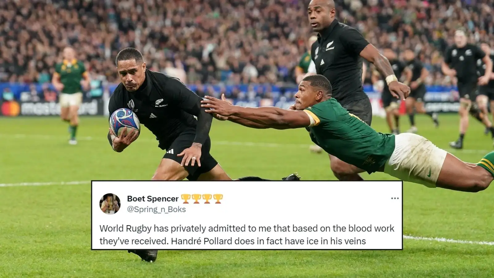 A picture of All Blacks' scrumhalf Aaron Smith scoring a try which is ruled out for a knock-on following a TMO review during the Rugby World Cup 2023 final match with a screenshot of a tweet that reads: "World Rugby has privately admitted to me that based on the blood work they've received. Handré Pollard does in fact have ice in his veins"