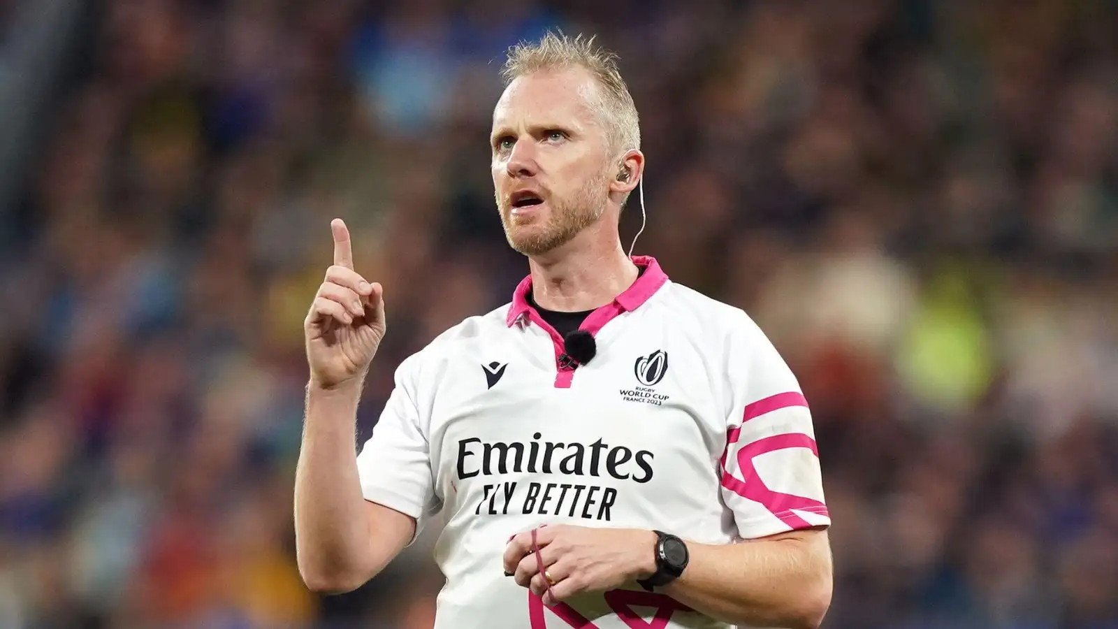 Referee Wayne Barnes during the Rugby World Cup 2023 final match at the Stade de France in Paris, France