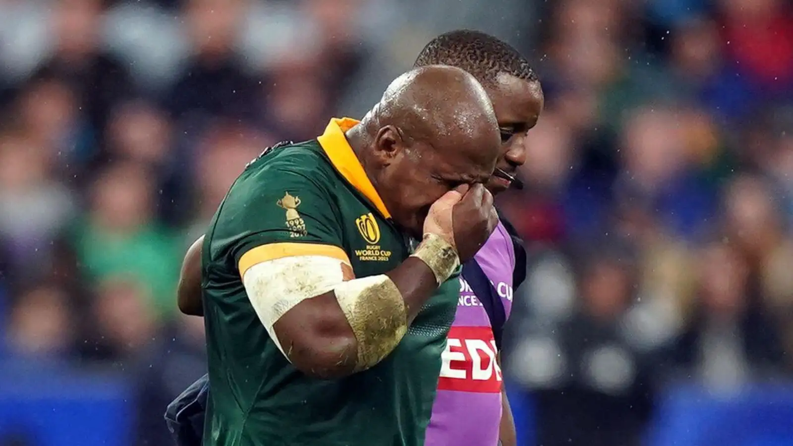Springboks hooker Mbongeni 'Bongi' Mbonambi walks off injured during the Rugby World Cup 2023 final match at the Stade de France in Paris.