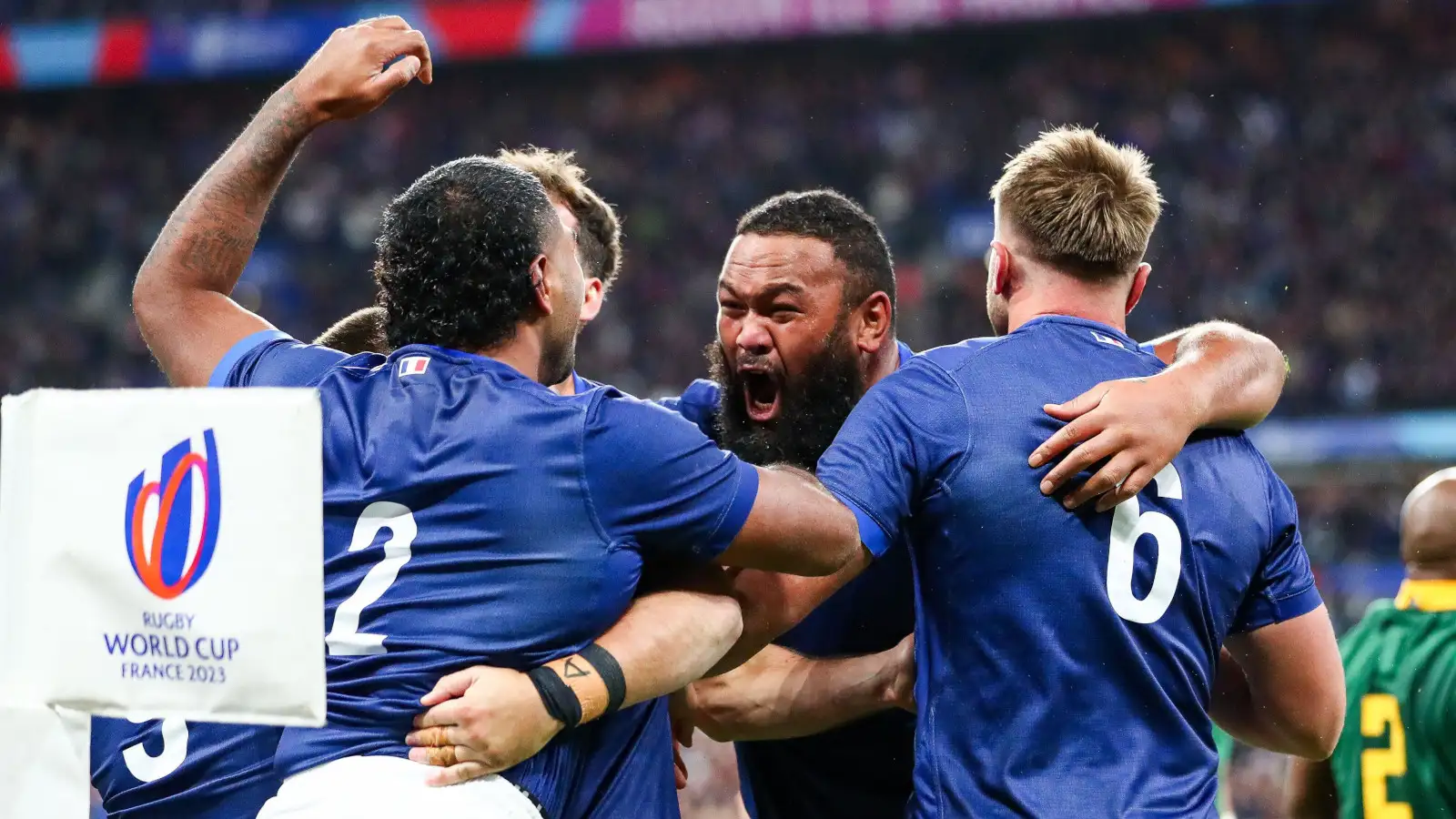 France celebrate a try during the Rugby World Cup quarter-final with South Africa.