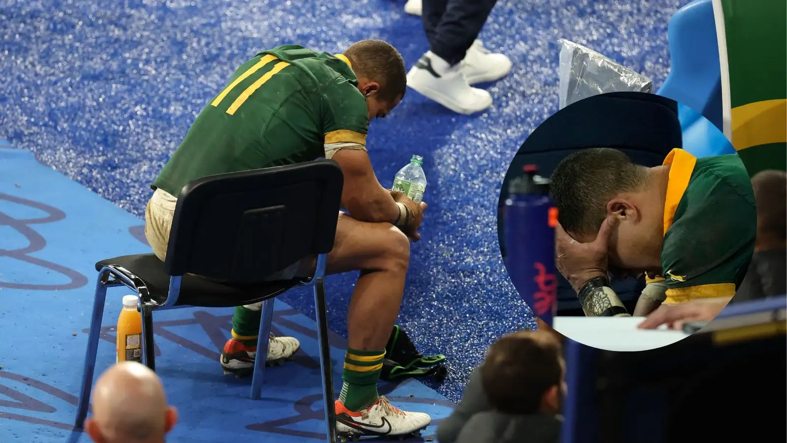 Springboks' Cheslin Kolbe reacts in the sin bin after being shown a yellow card during the Rugby World Cup final match between New Zealand and South Africa at the Stade de France in Saint-Denis