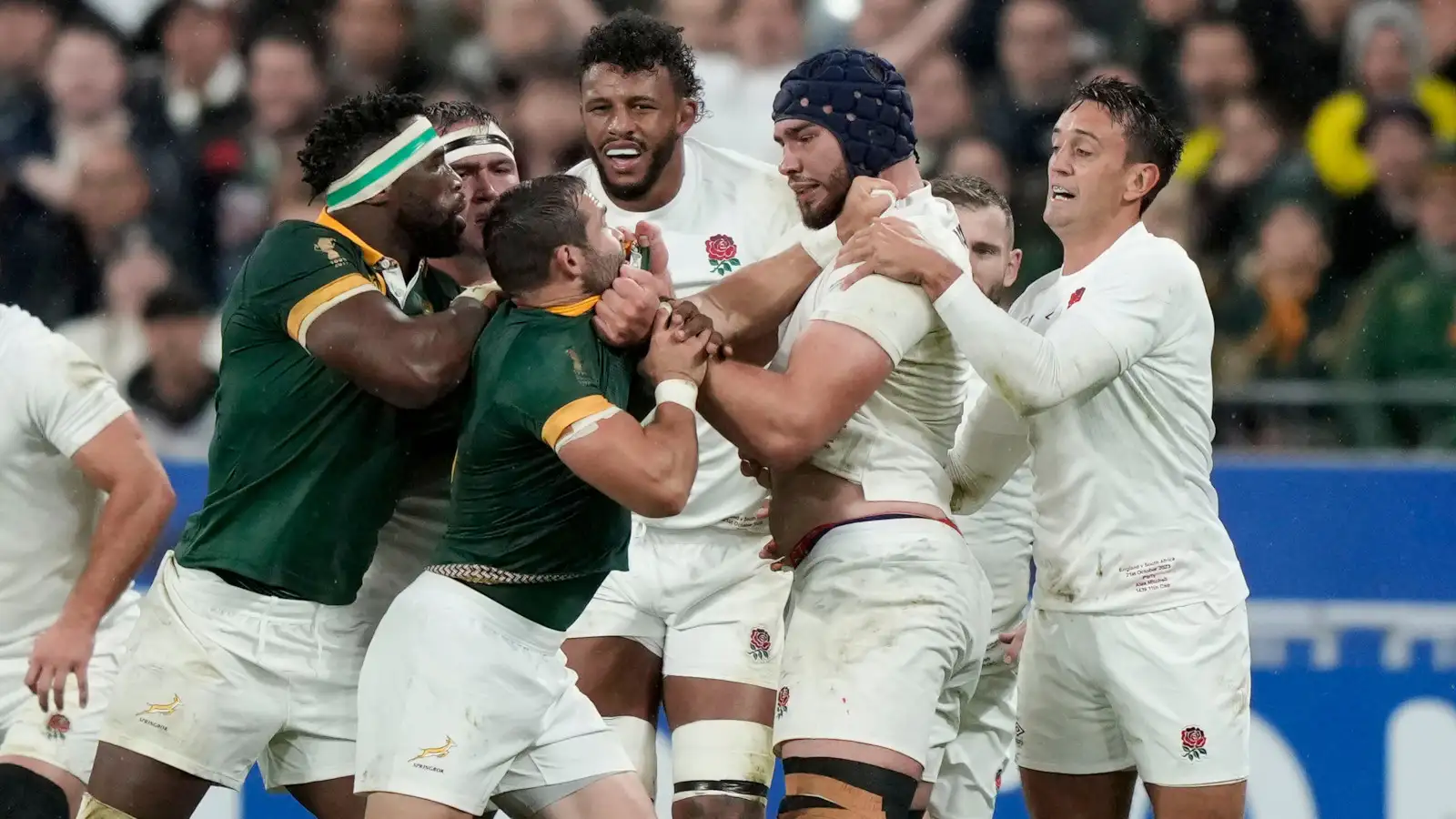 England and South Africa scrap during the 2023 Rugby World Cup semi-final.