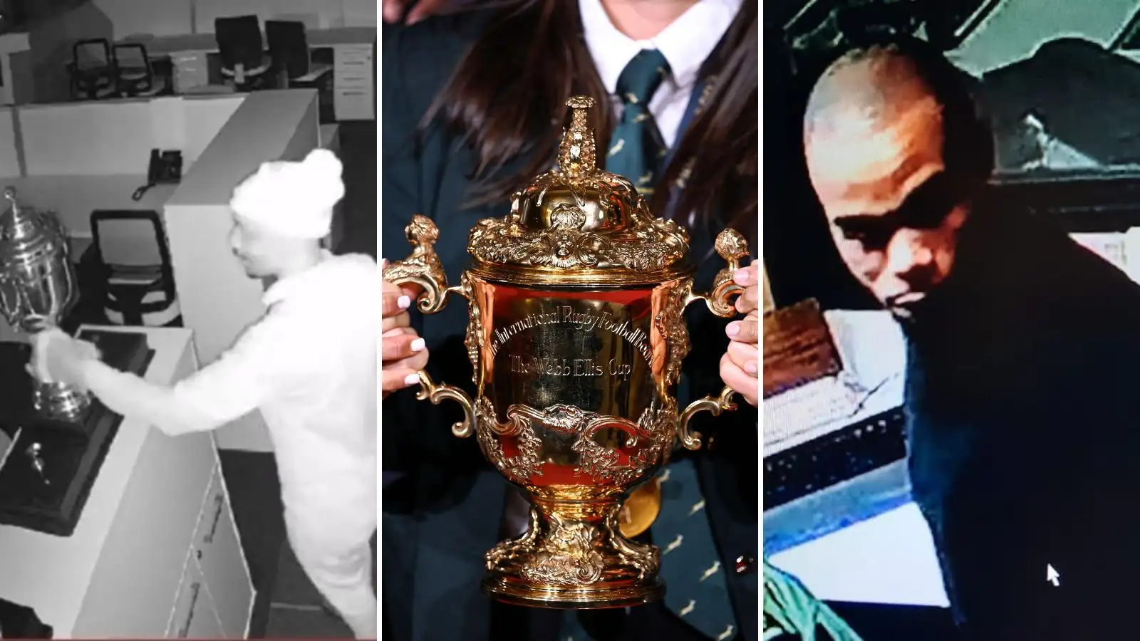 Screenshots of SARU House being robbed and a picture of the William Webb Ellis Cup.