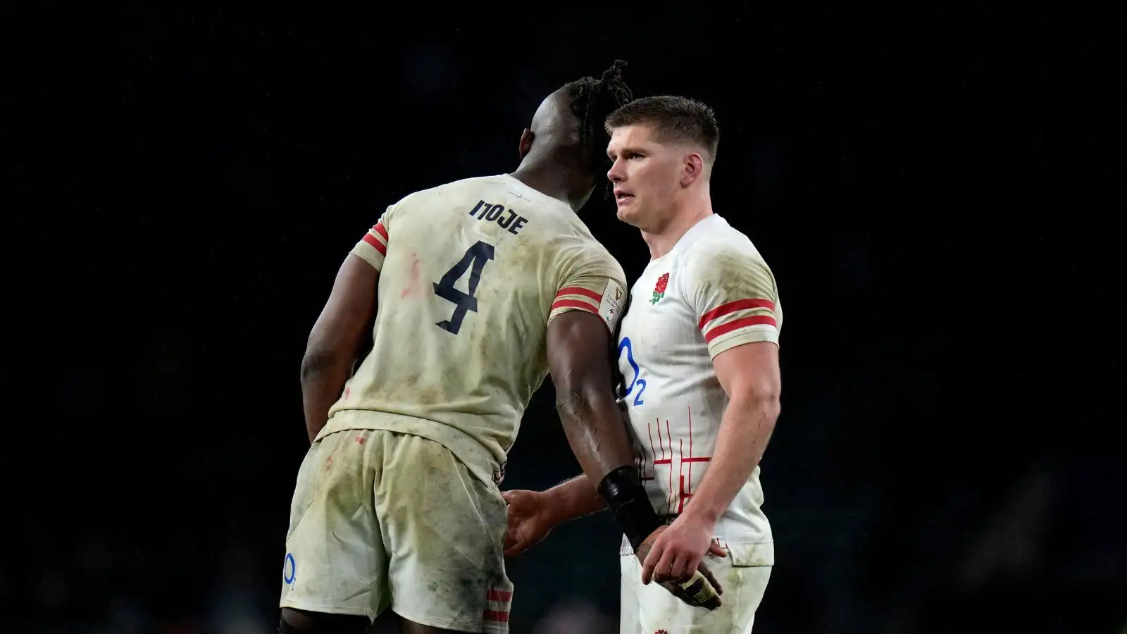 England's Owen Farrell, right, with teammate Maro Itoje at the end of the Six Nations rugby union international match between England and France, at Twickenham Stadium in London.