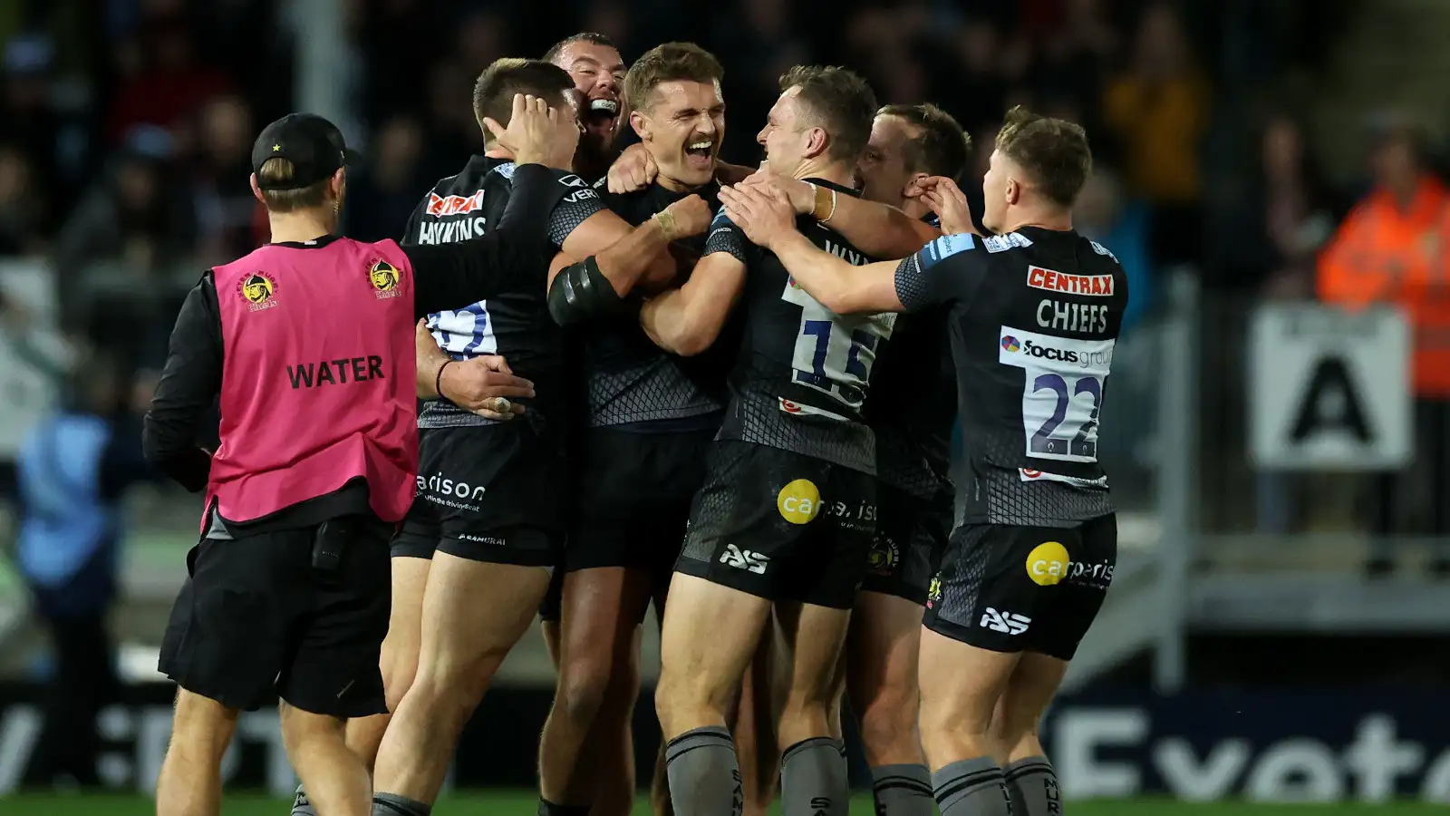 Exeter Chiefs celebrate Henry Slade's late penalty against Gloucester.