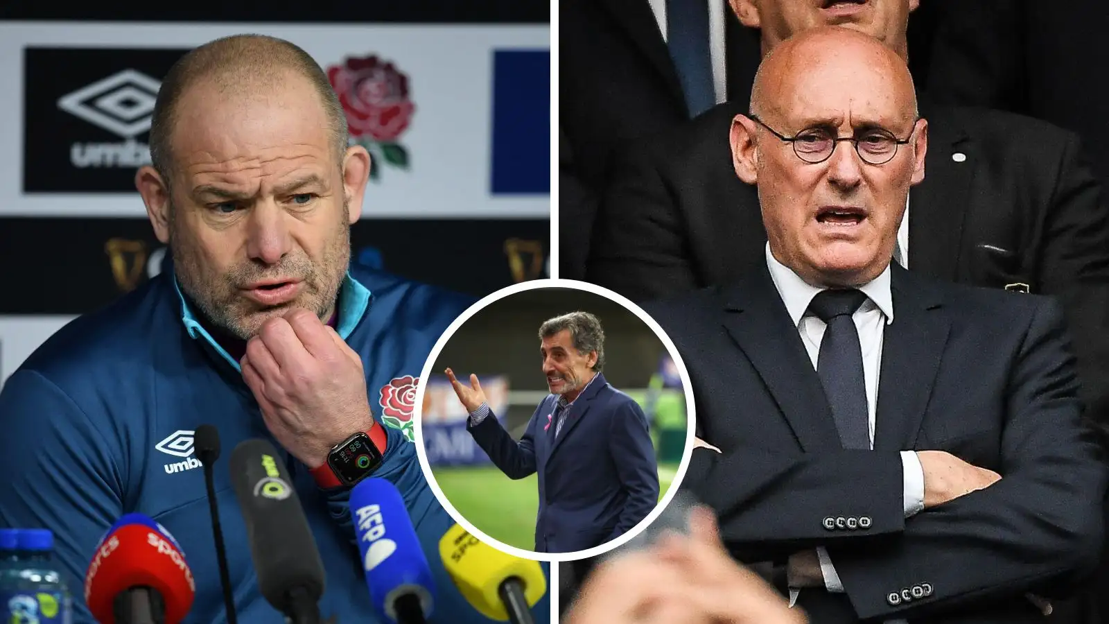 Richard Cockerill, Montpellier President Mohed Altrad, and ex-president Bernard Laporte.