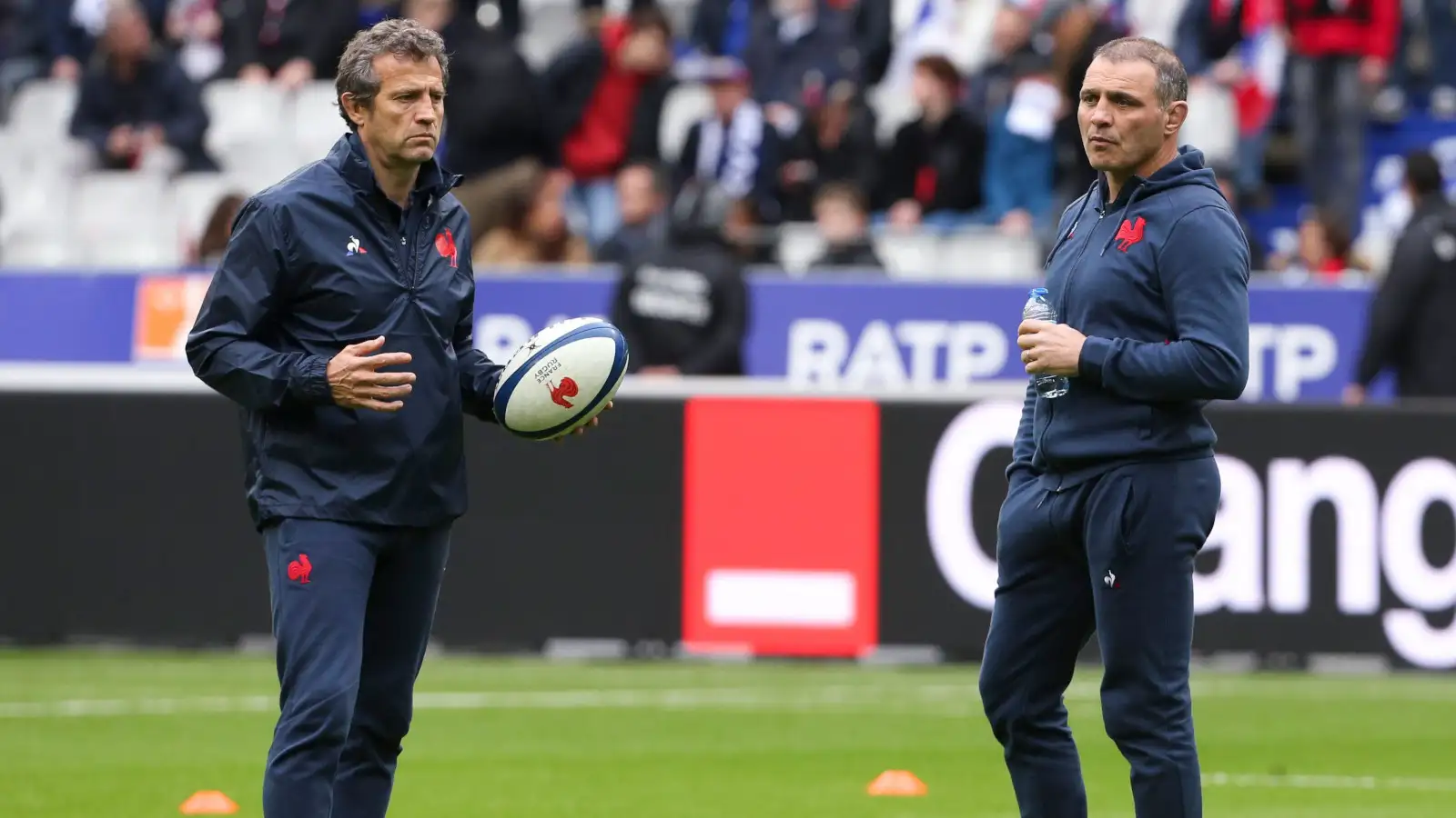France head coach Fabien Galthie and team manager Raphael Ibanez.