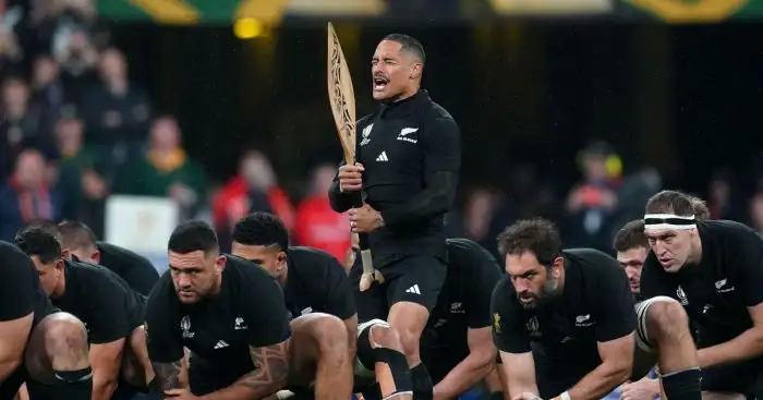 All Blacks Aaron Smith leads the Haka before the Rugby World Cup 2023 final match at the Stade de France in Paris, France.