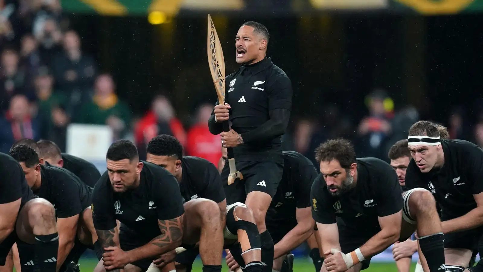 All Blacks Aaron Smith leads the Haka before the Rugby World Cup 2023 final match at the Stade de France in Paris, France.
